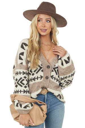 Latte Geometric Print Bubble Sleeve Cardigan