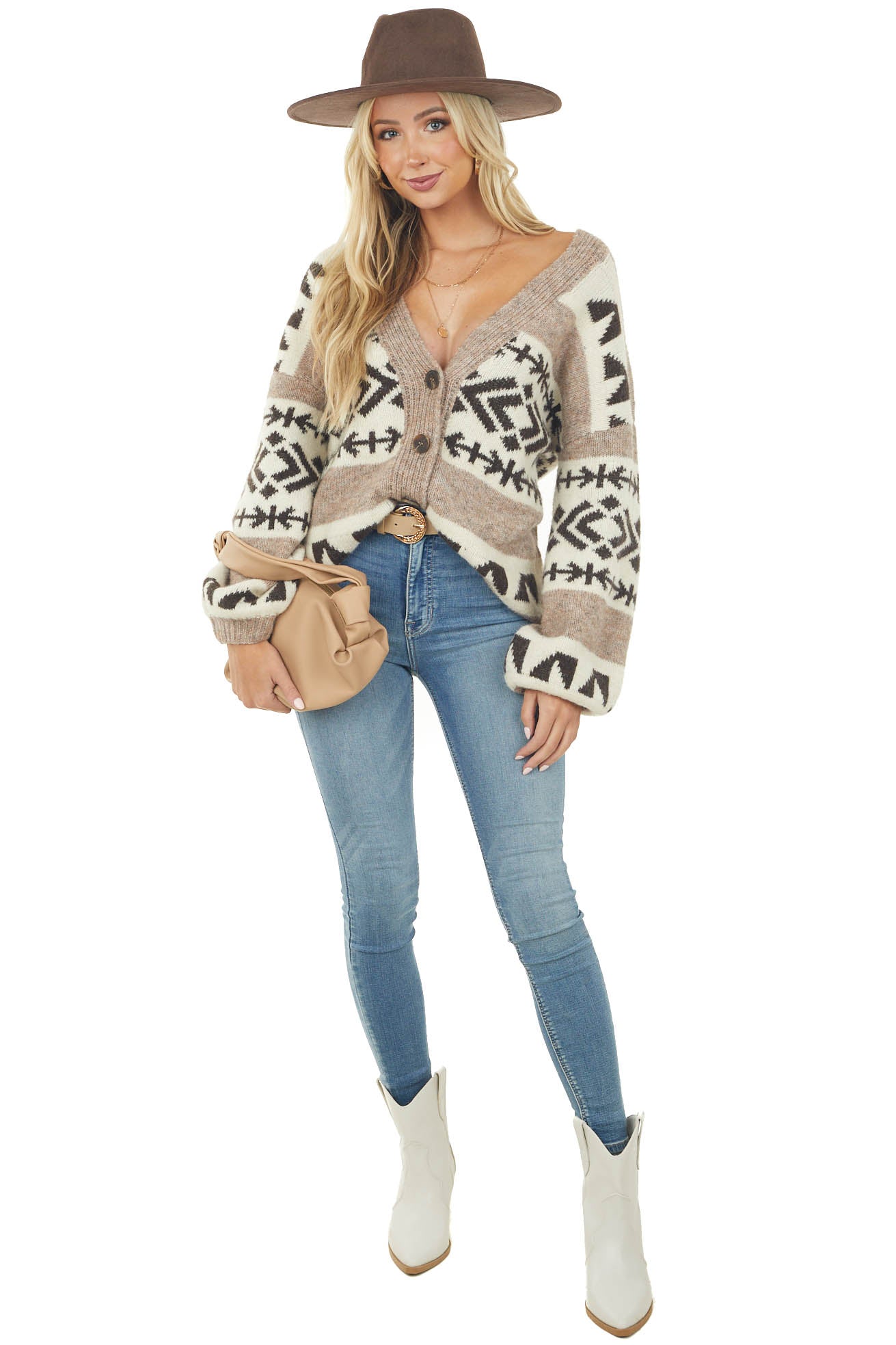 Latte Geometric Print Bubble Sleeve Cardigan