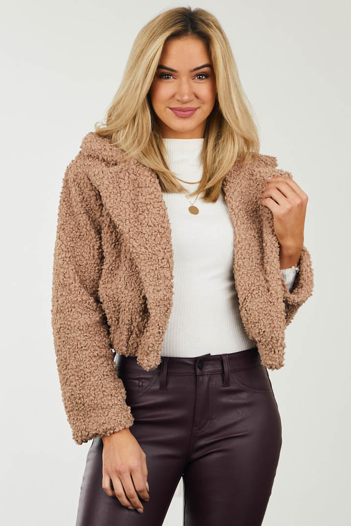 Latte Large Lapel Cropped Sherpa Jacket
