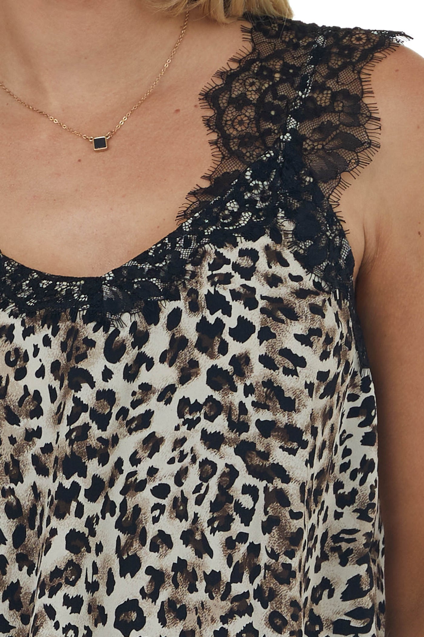 Latte Leopard Print Eyelash Lace Cami Tank Top