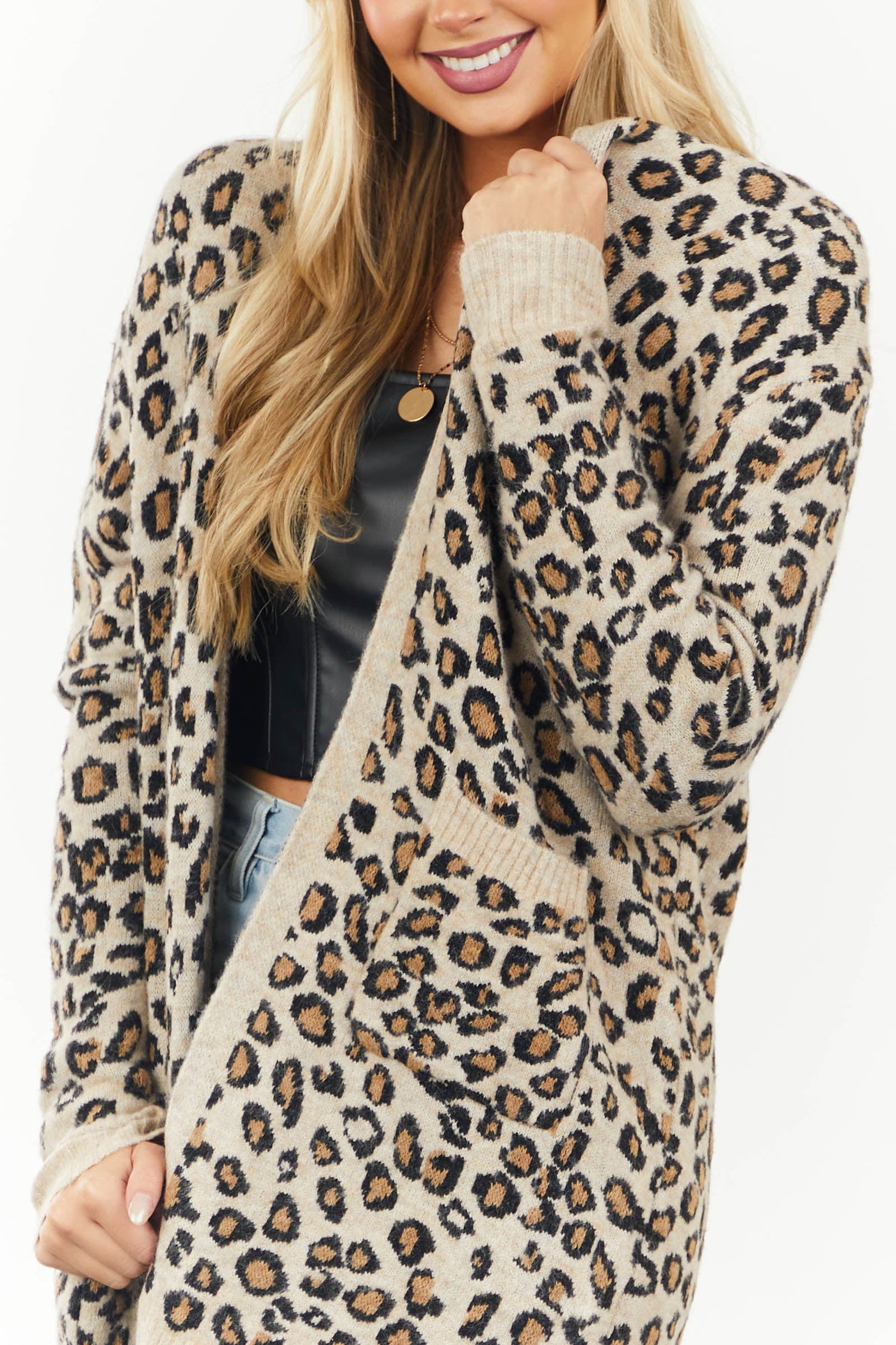 Latte Leopard Print Soft Thick Knit Cardigan