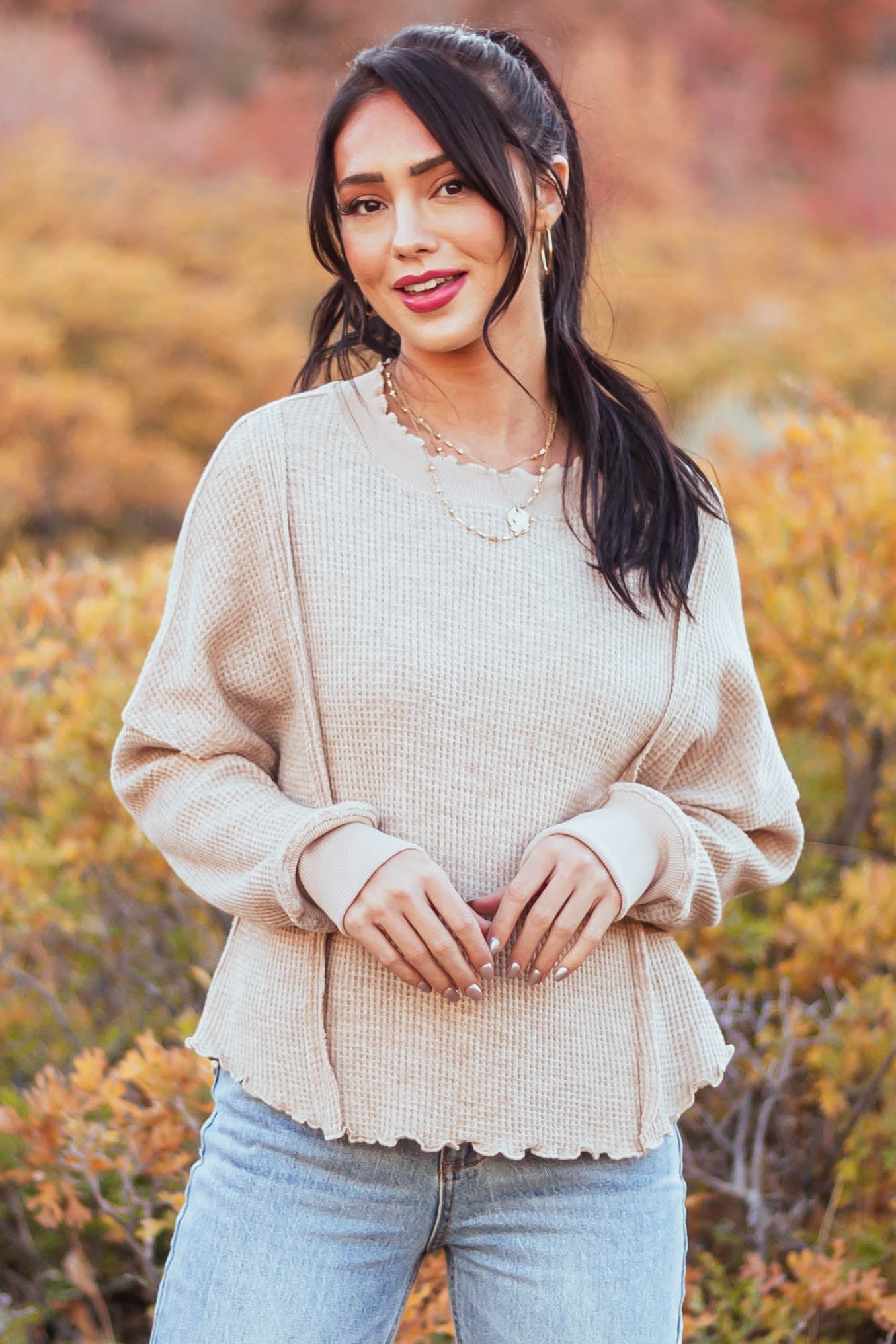 Latte Lettuce Trim Waffle Knit Raw Edge Top