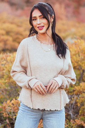 Latte Lettuce Trim Waffle Knit Raw Edge Top