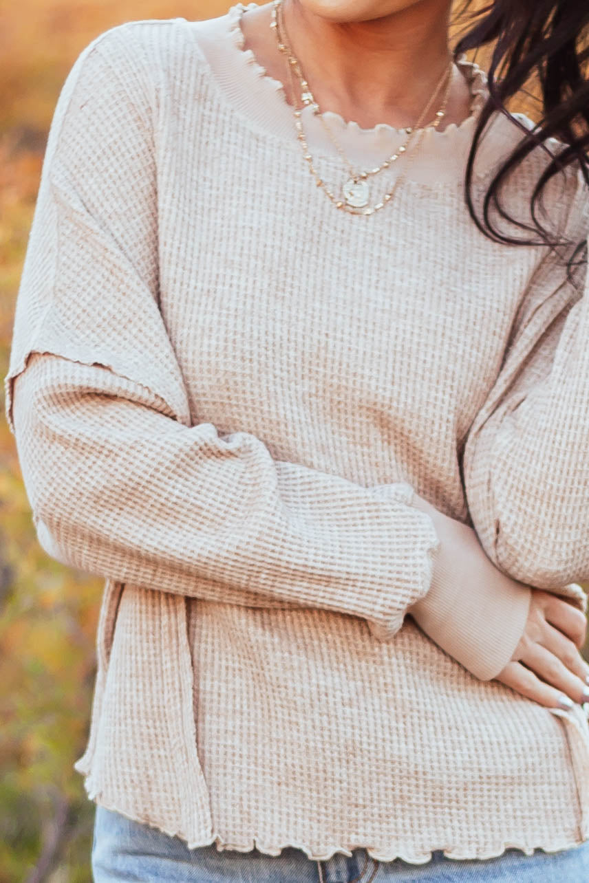 Latte Lettuce Trim Waffle Knit Raw Edge Top