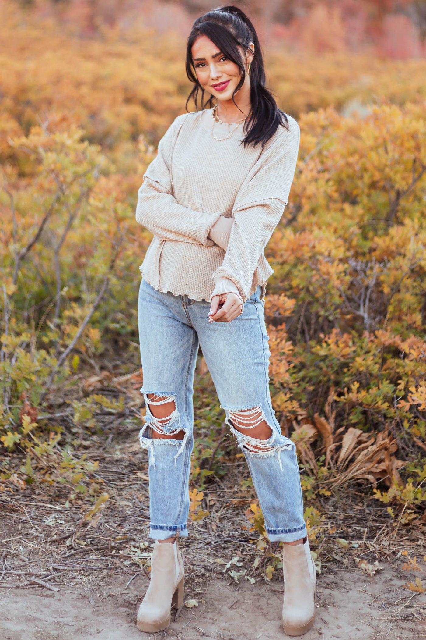 Latte Lettuce Trim Waffle Knit Raw Edge Top