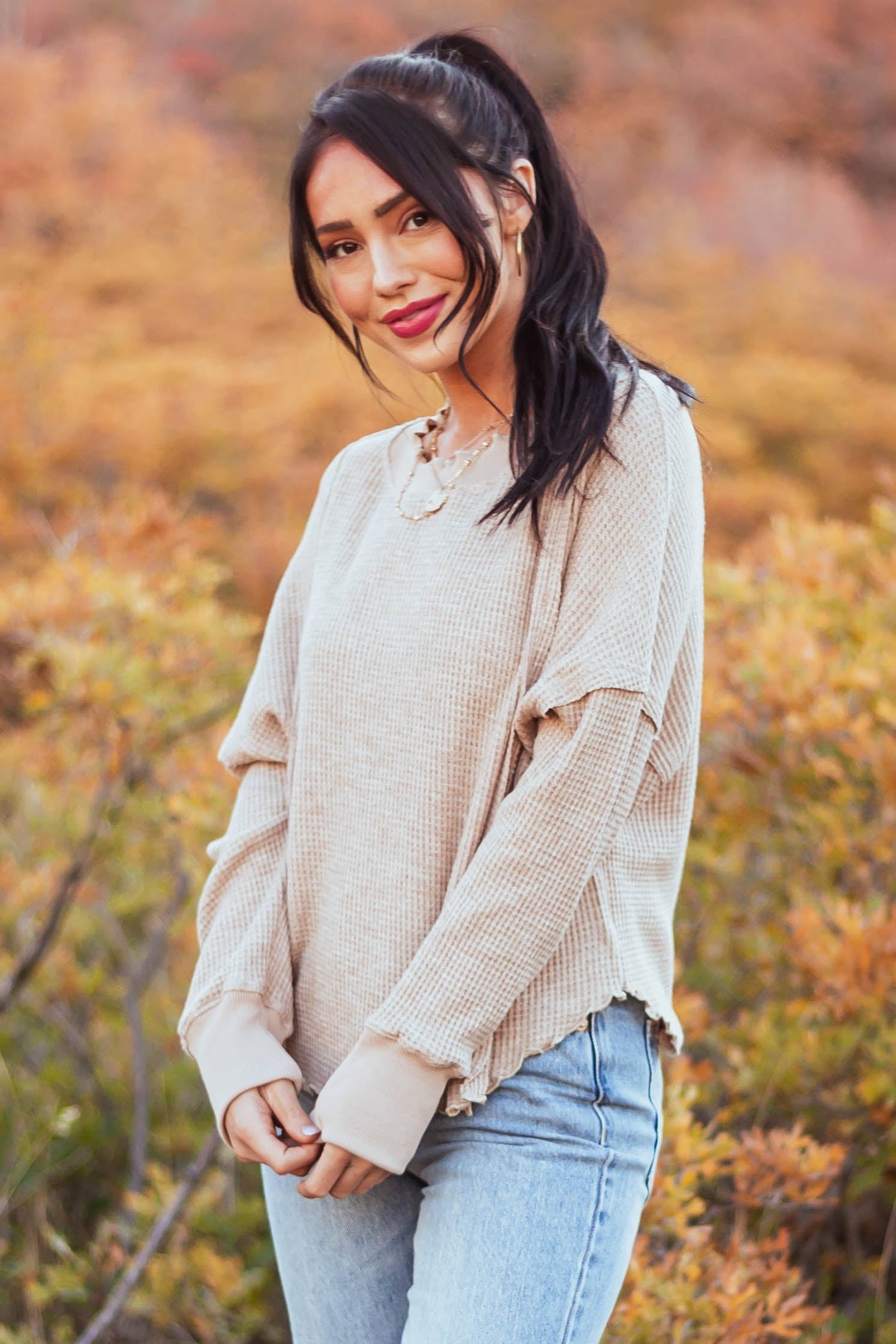 Latte Lettuce Trim Waffle Knit Raw Edge Top