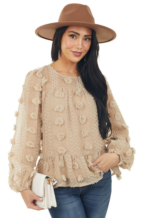 Latte Long Sleeve Pom Pom Detail Blouse