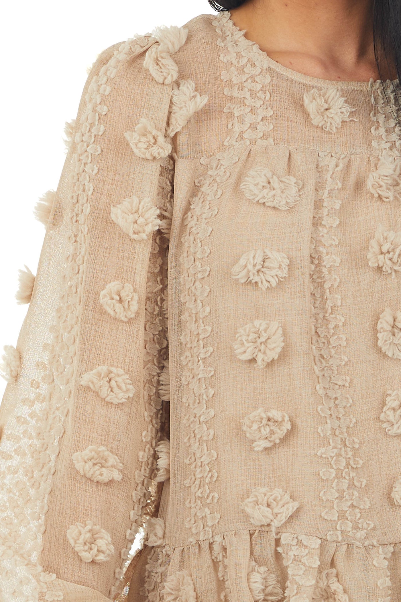 Latte Long Sleeve Pom Pom Detail Blouse