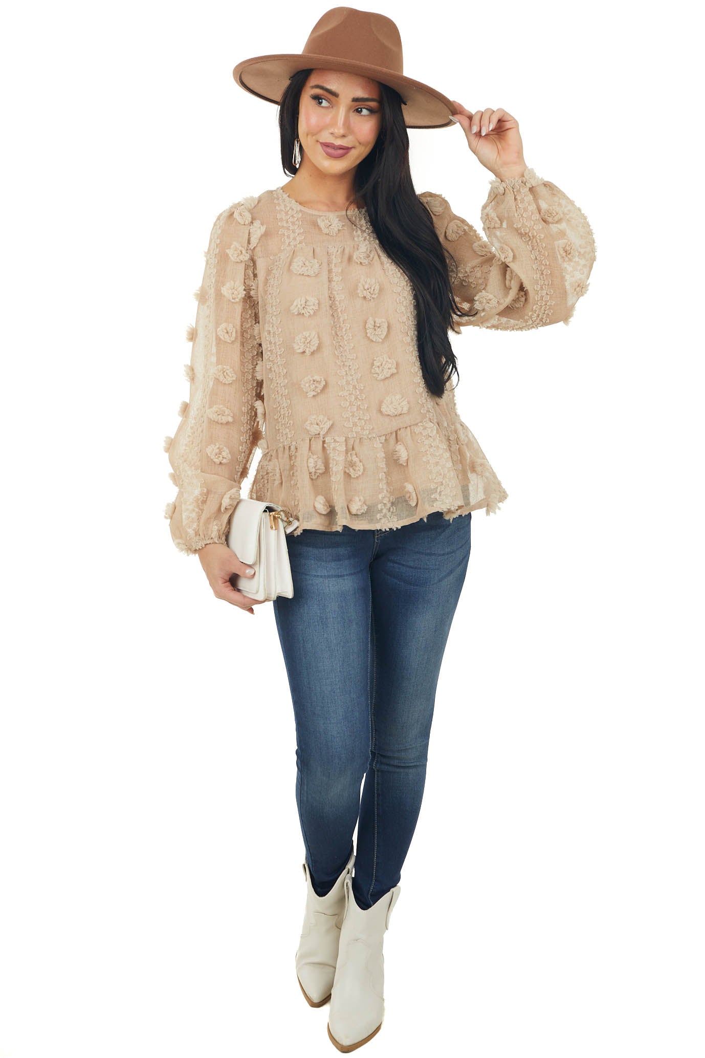 Latte Long Sleeve Pom Pom Detail Blouse
