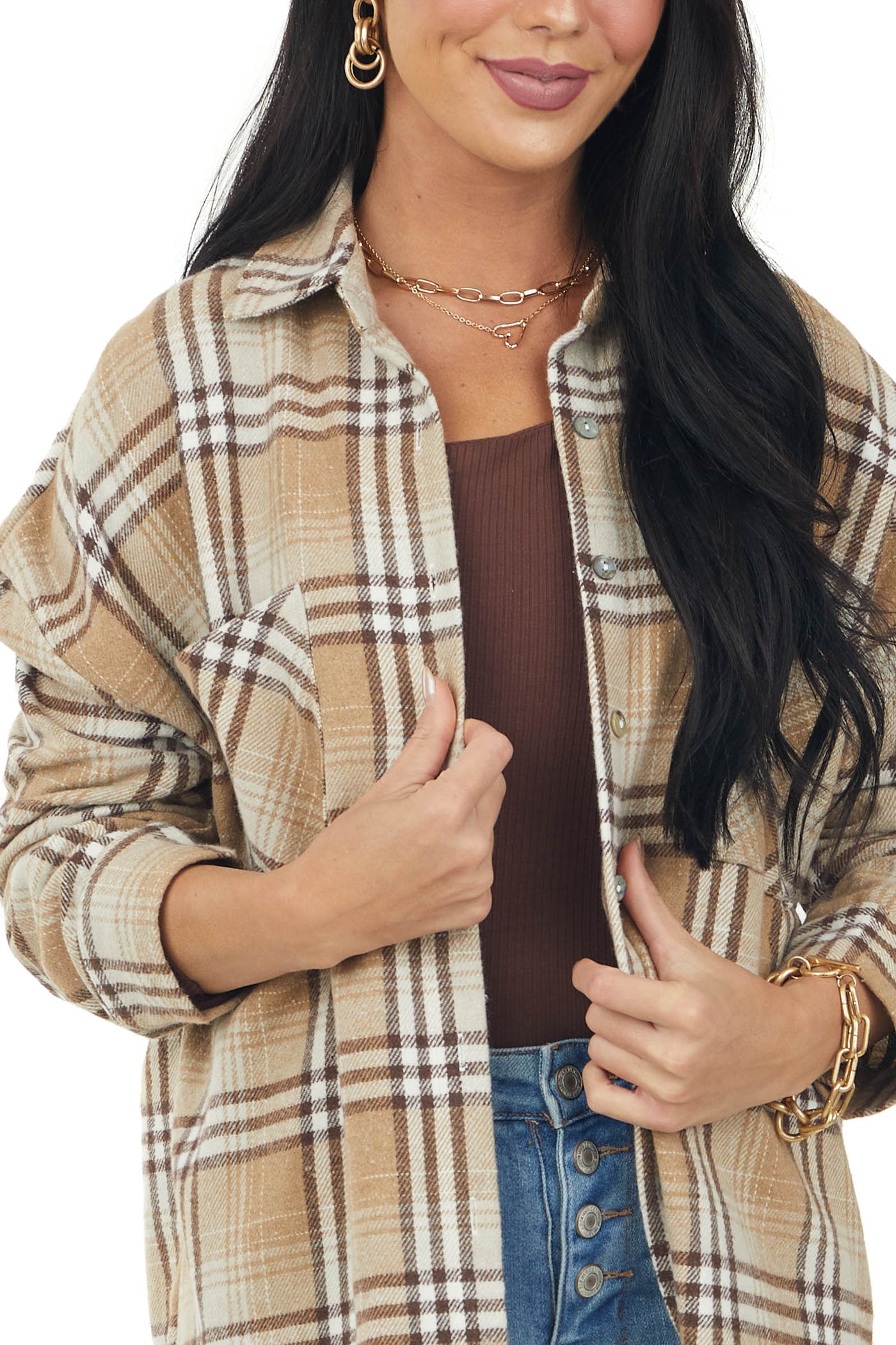Latte Plaid Soft Fleece Chest Pocket Flannel