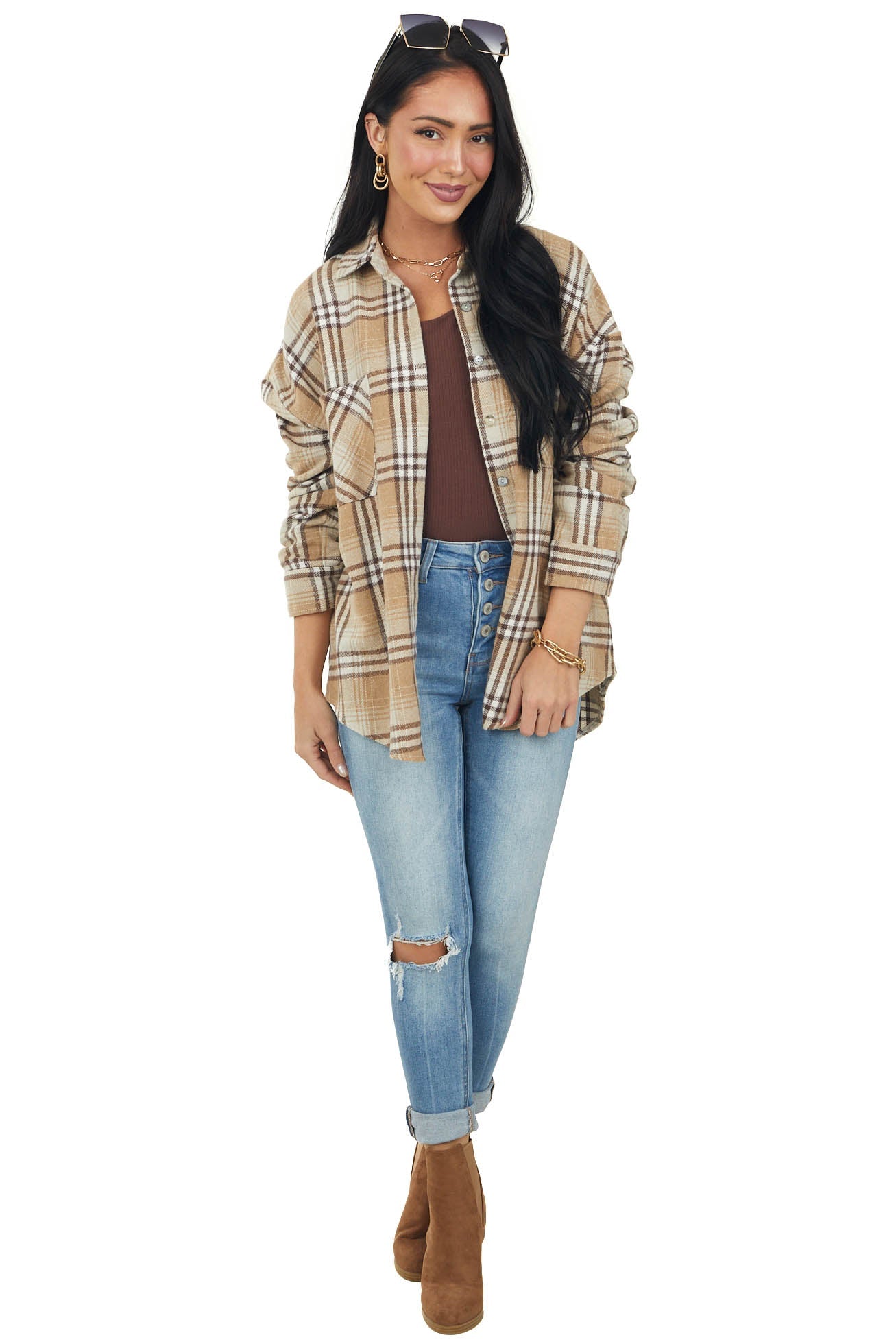 Latte Plaid Soft Fleece Chest Pocket Flannel