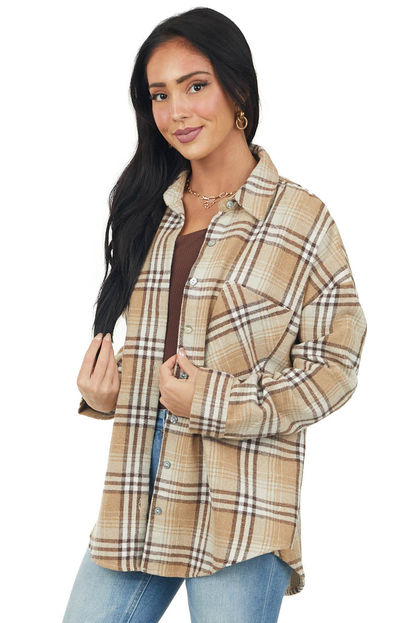 Latte Plaid Soft Fleece Chest Pocket Flannel