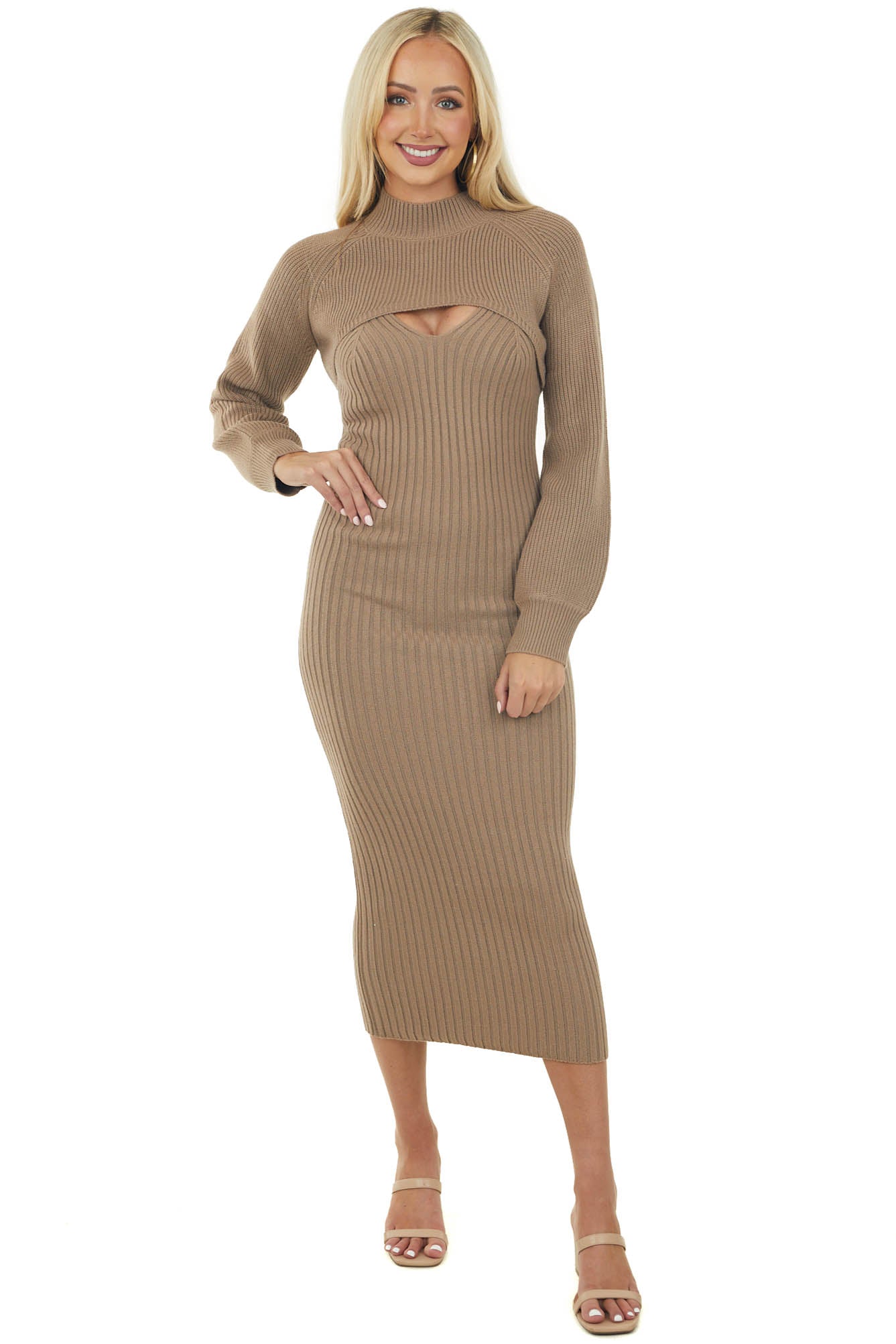 Latte Ribbed Bodycon Dress and Cropped Bolero Set