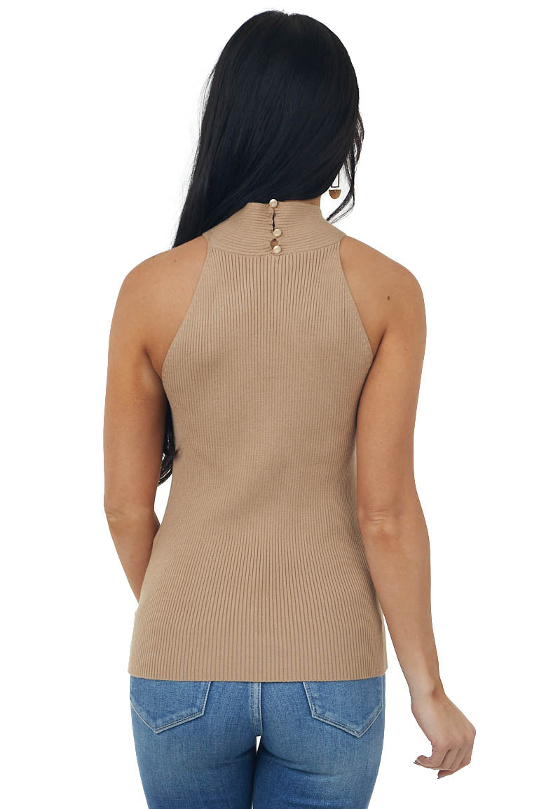Latte Ribbed Knit Criss Cross Halter Tank Top