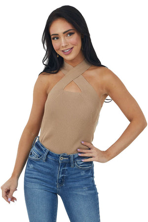 Latte Ribbed Knit Criss Cross Halter Tank Top
