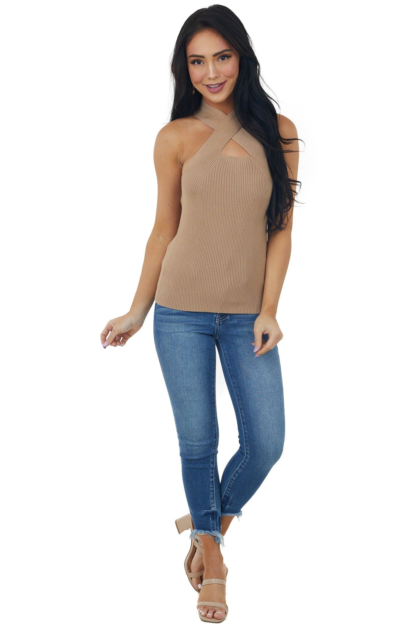 Latte Ribbed Knit Criss Cross Halter Tank Top