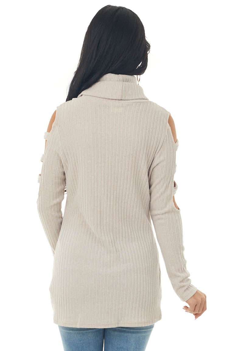 Latte Ribbed Knit Long Ladder Sleeve Cowl Neck Top