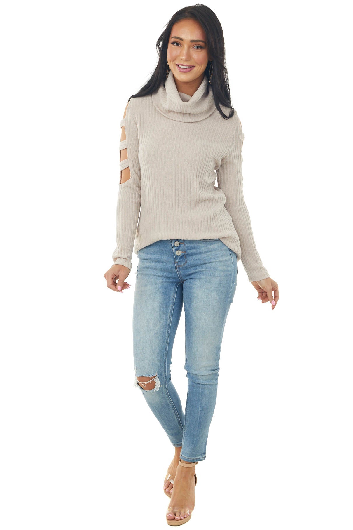 Latte Ribbed Knit Long Ladder Sleeve Cowl Neck Top