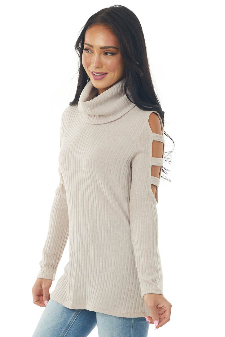 Latte Ribbed Knit Long Ladder Sleeve Cowl Neck Top