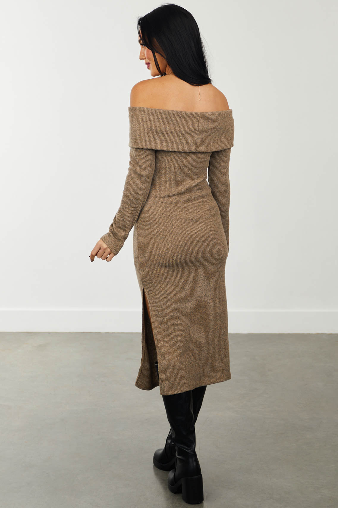 Latte Ribbed Off Shoulder Bodycon Midi Dress