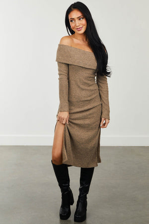 Latte Ribbed Off Shoulder Bodycon Midi Dress