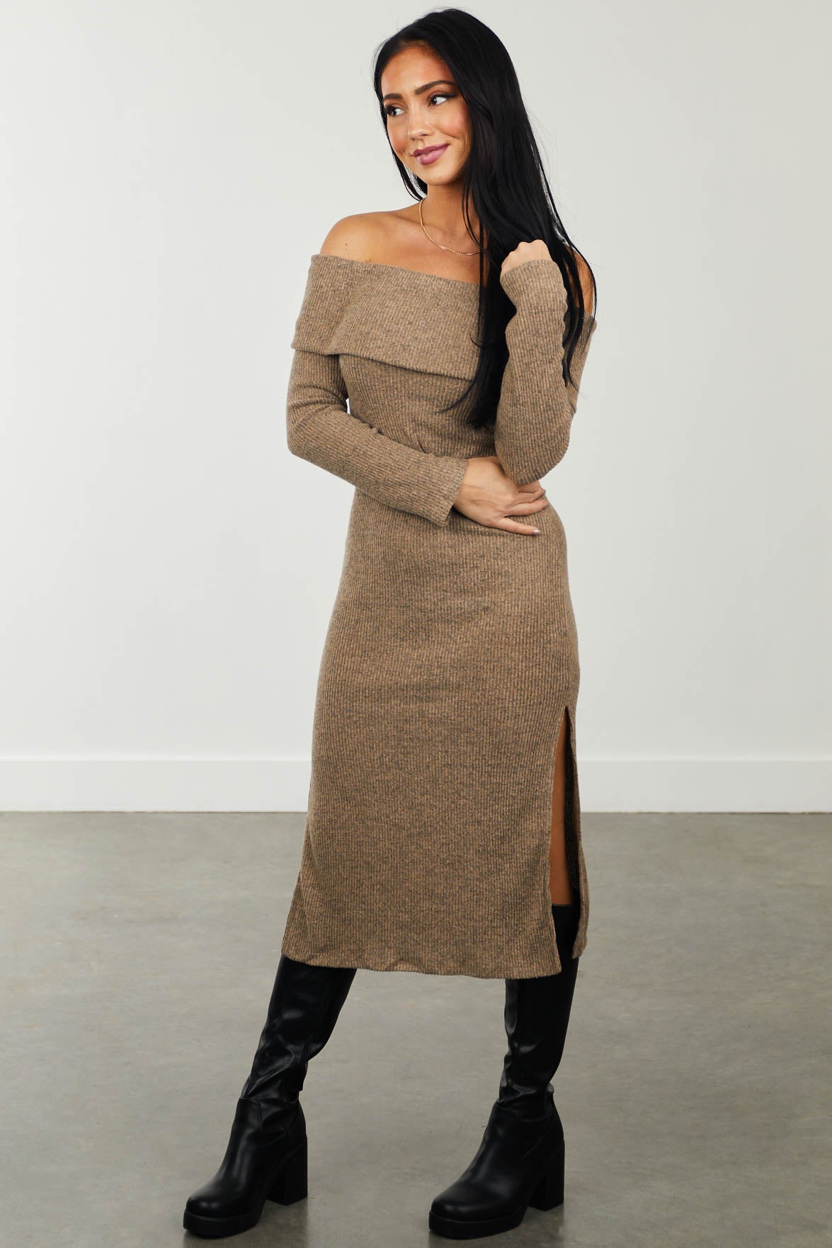 Latte Ribbed Off Shoulder Bodycon Midi Dress