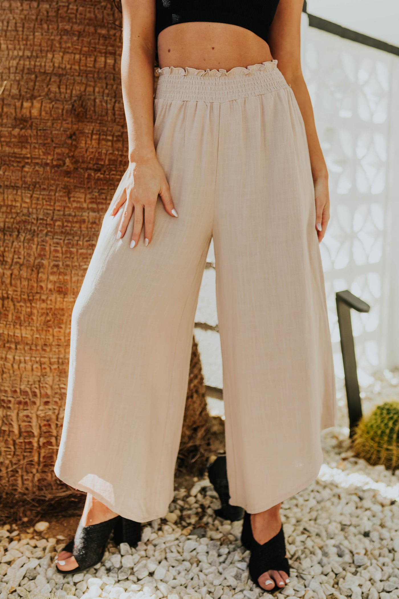 Latte Smocked Waist Angled Wide Leg Linen Pants
