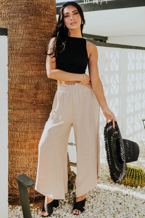Latte Smocked Waist Angled Wide Leg Linen Pants
