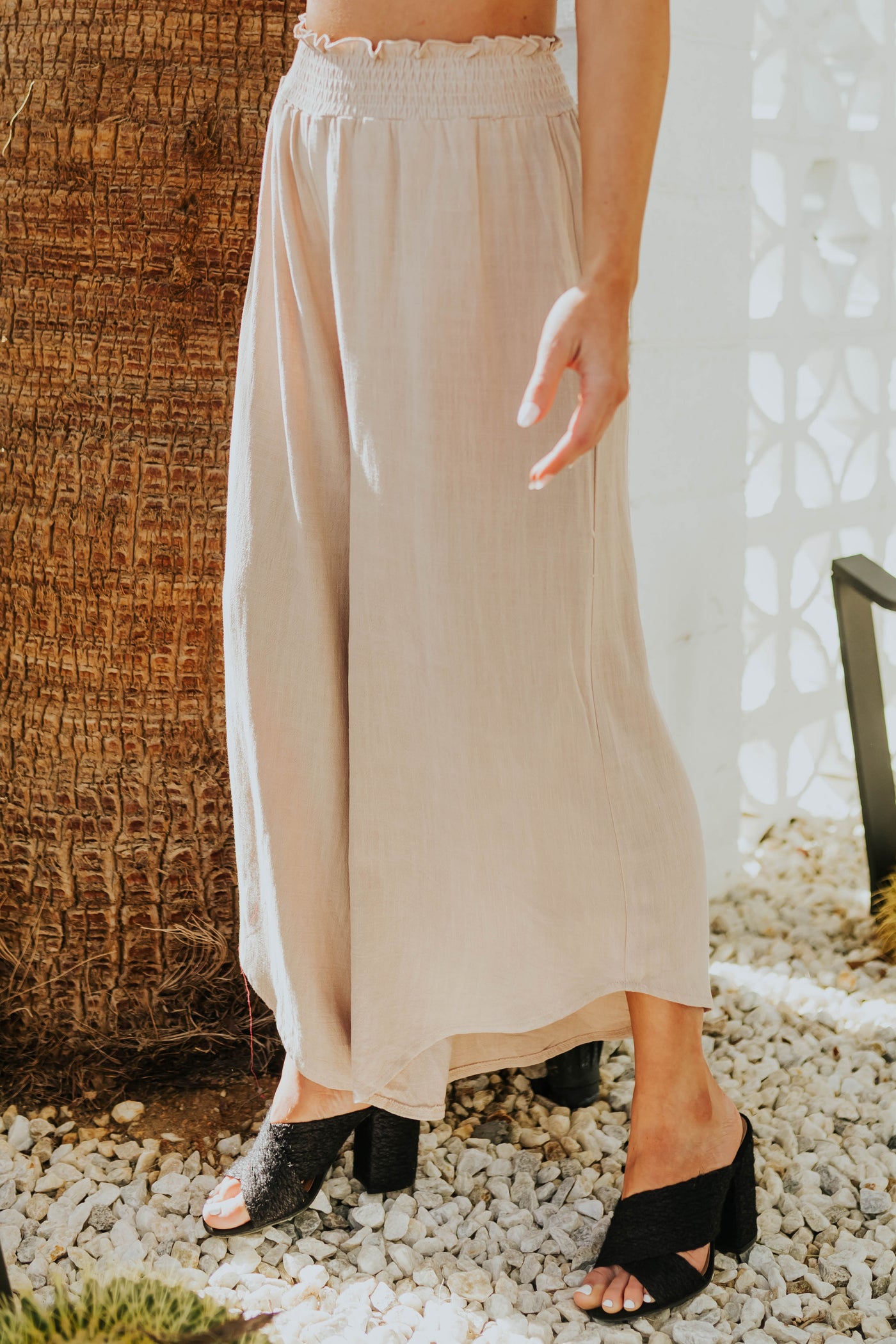 Latte Smocked Waist Angled Wide Leg Linen Pants