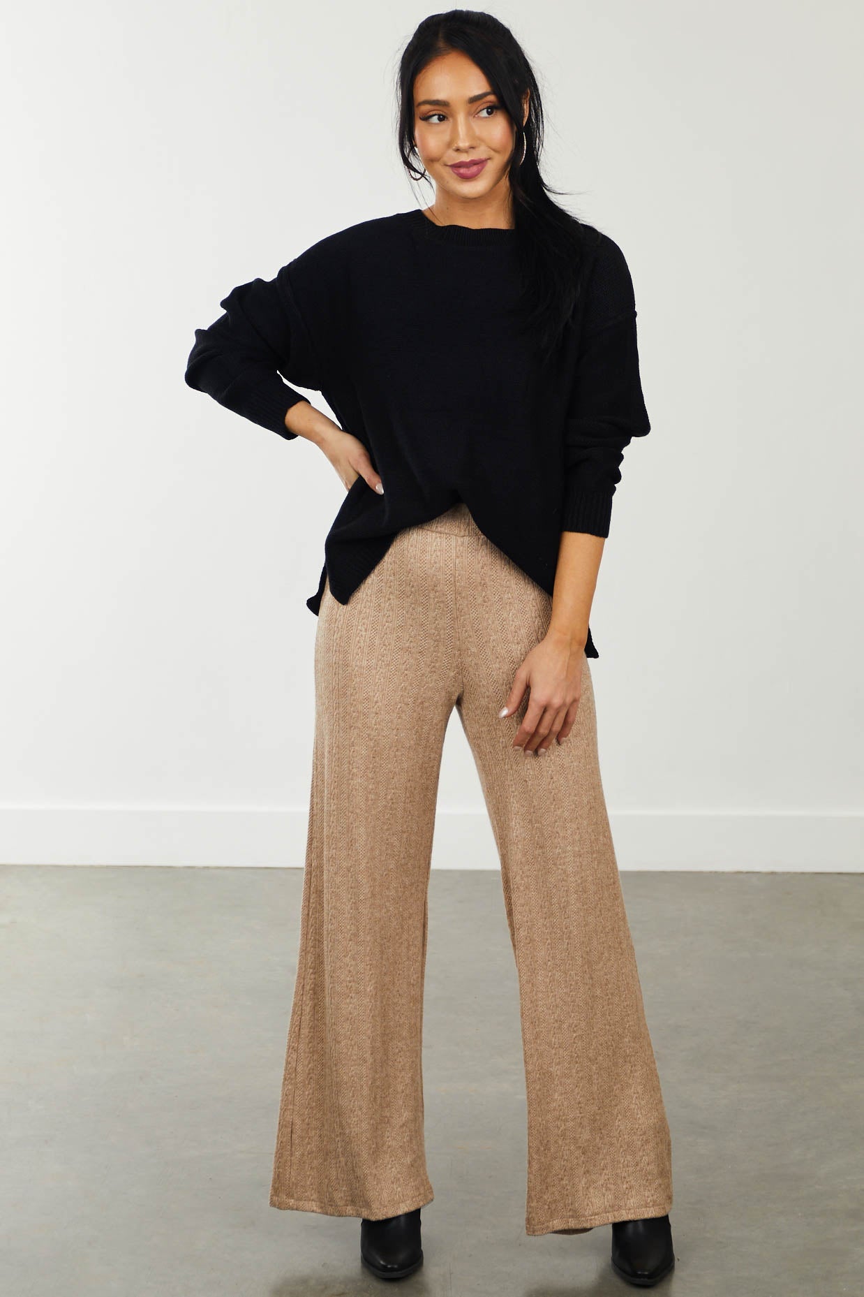 Latte Textured Knit Wide Leg Elastic Pants