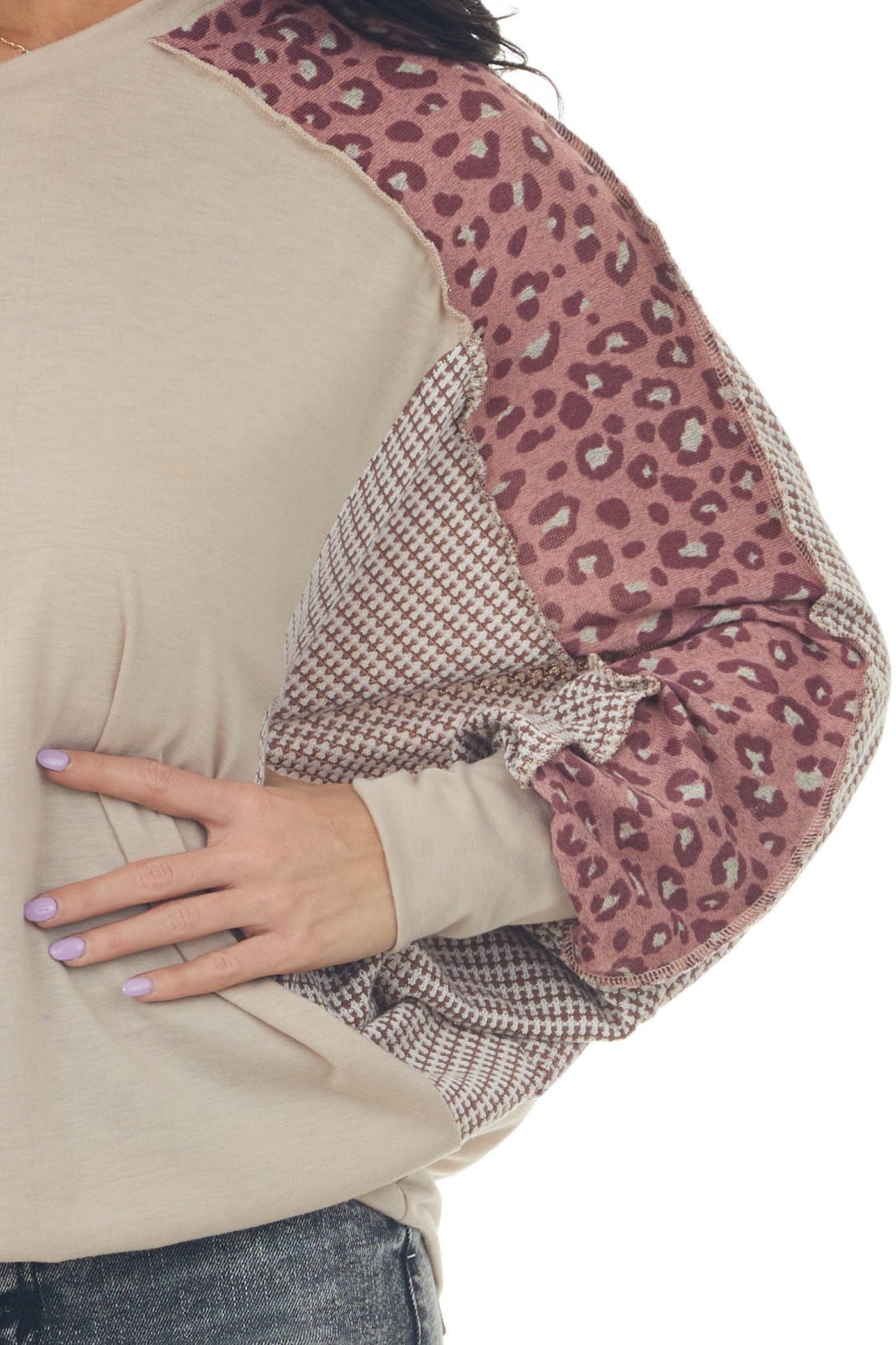 Latte Top with Leopard Print Bat Wing Sleeves