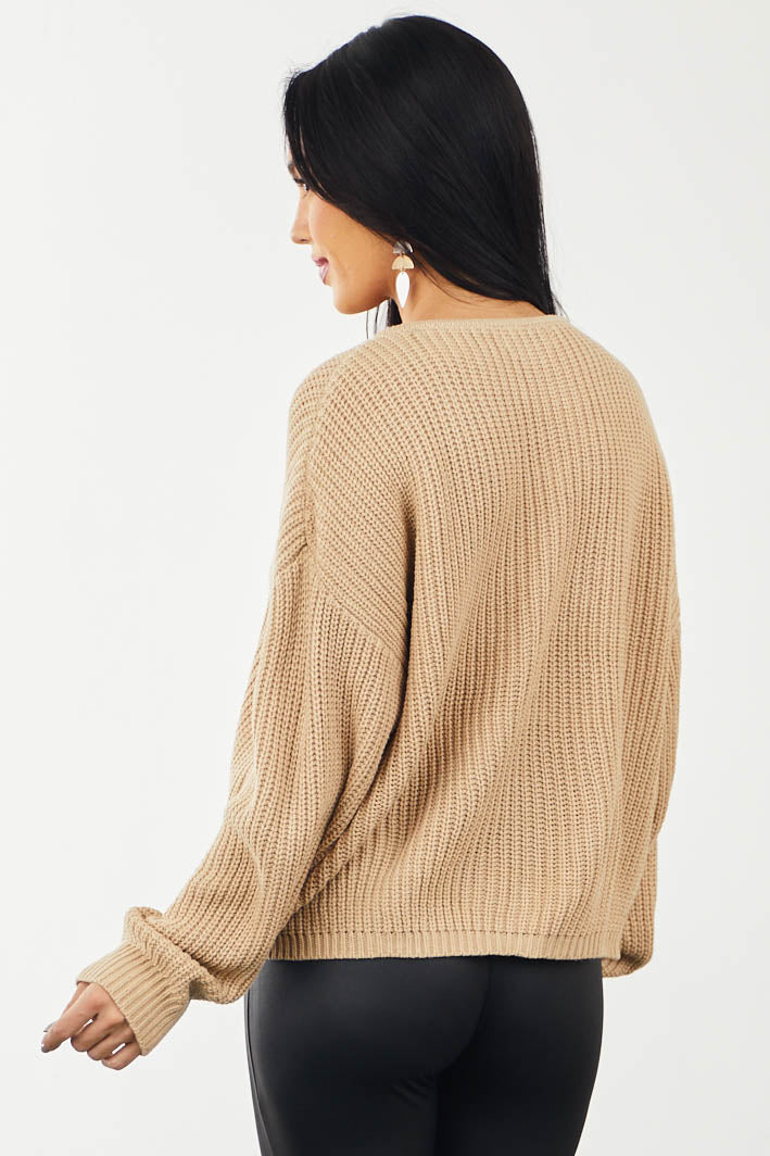 Latte V Neckline Adjustable Ruched Sweater