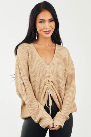 Latte V Neckline Adjustable Ruched Sweater
