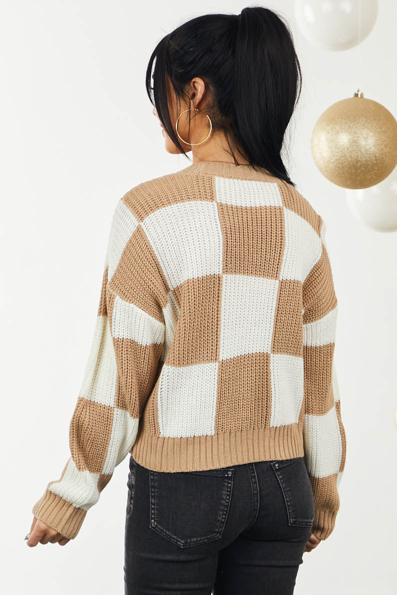 Latte and Ivory Checkered Button Front Cardigan