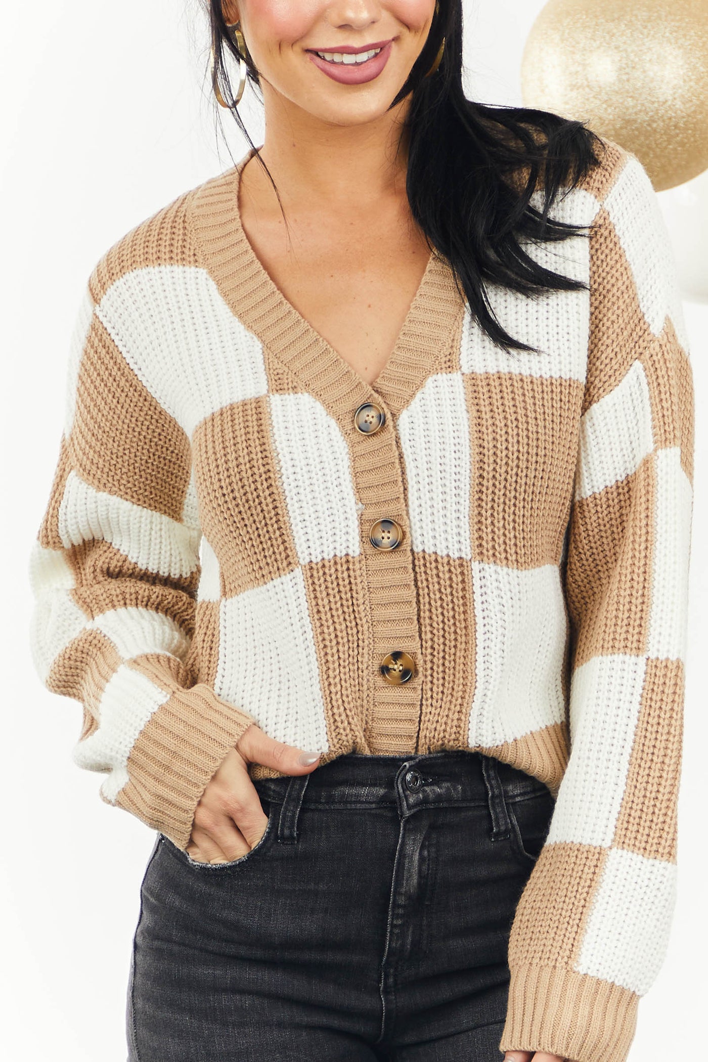 Latte and Ivory Checkered Button Front Cardigan