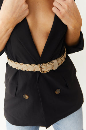 Latte Braided Pleather Belt with Gold Studs