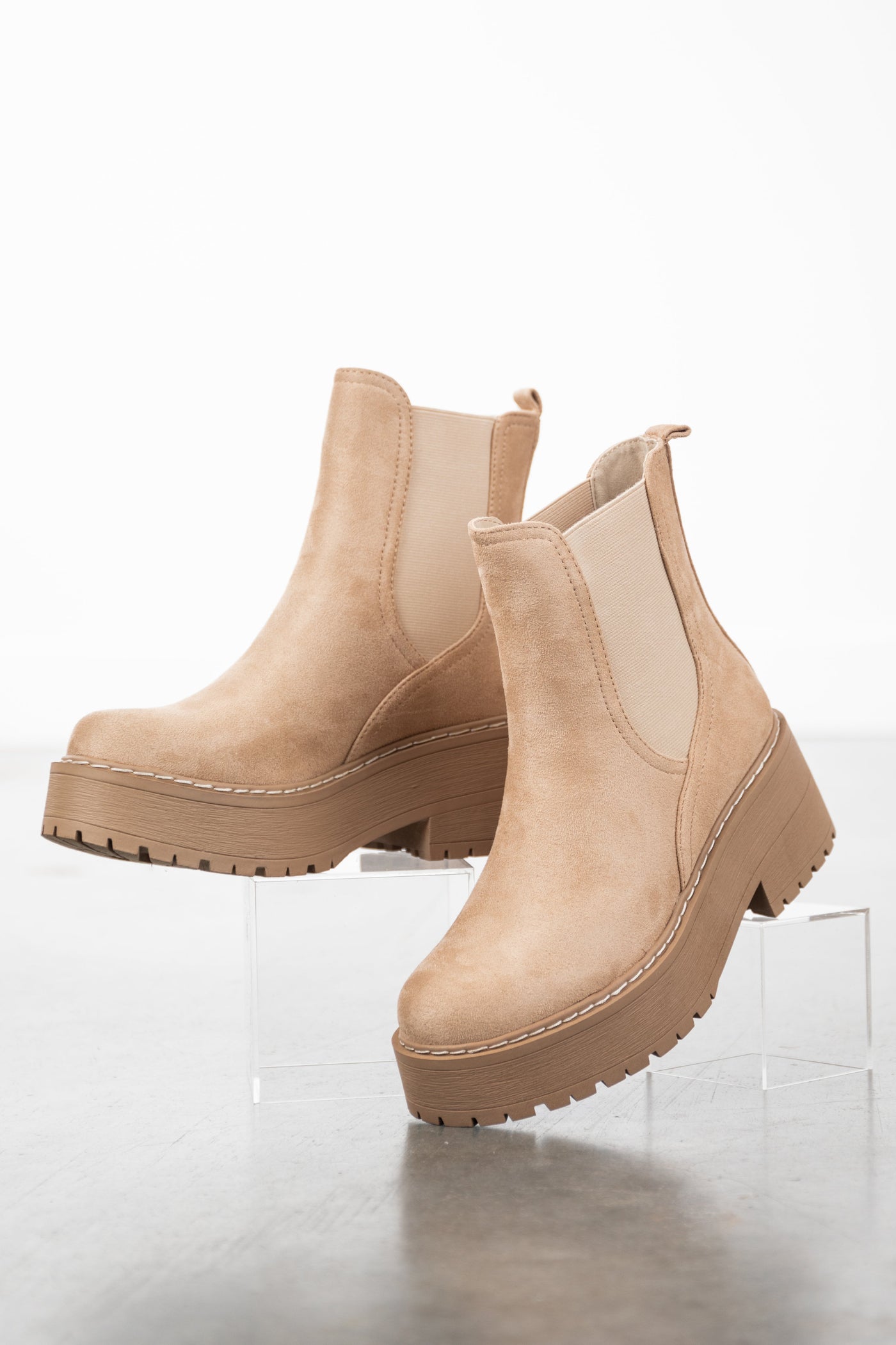 Latte Faux Suede Elastic Platform Lug Booties