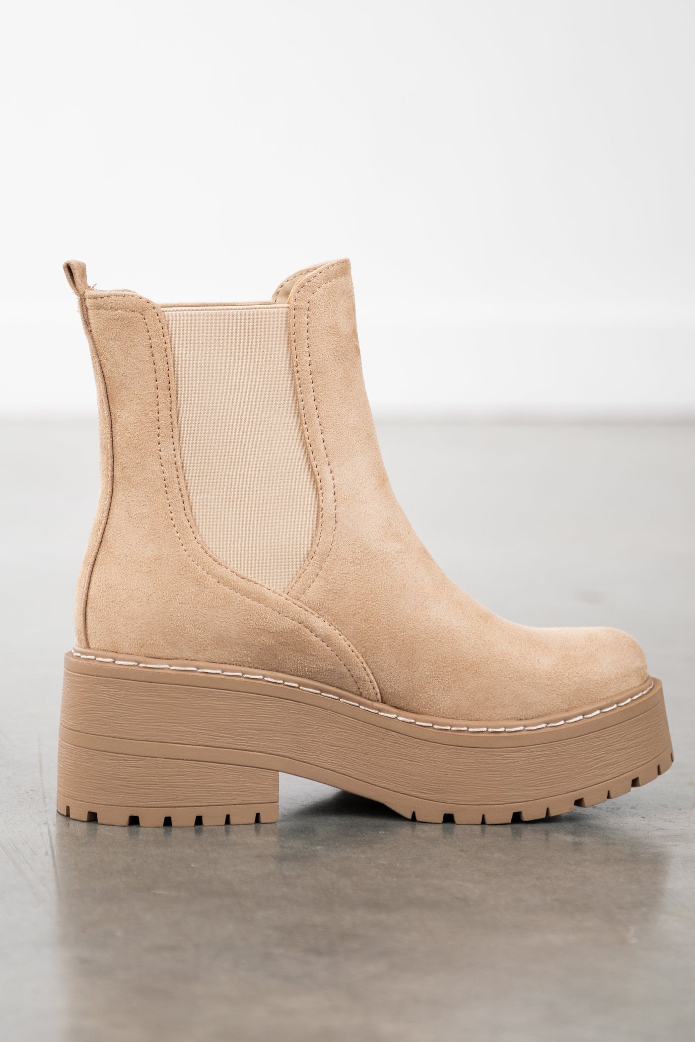 Latte Faux Suede Elastic Platform Lug Booties