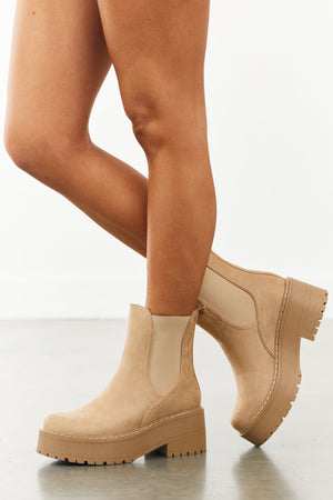 Latte Faux Suede Elastic Platform Lug Booties