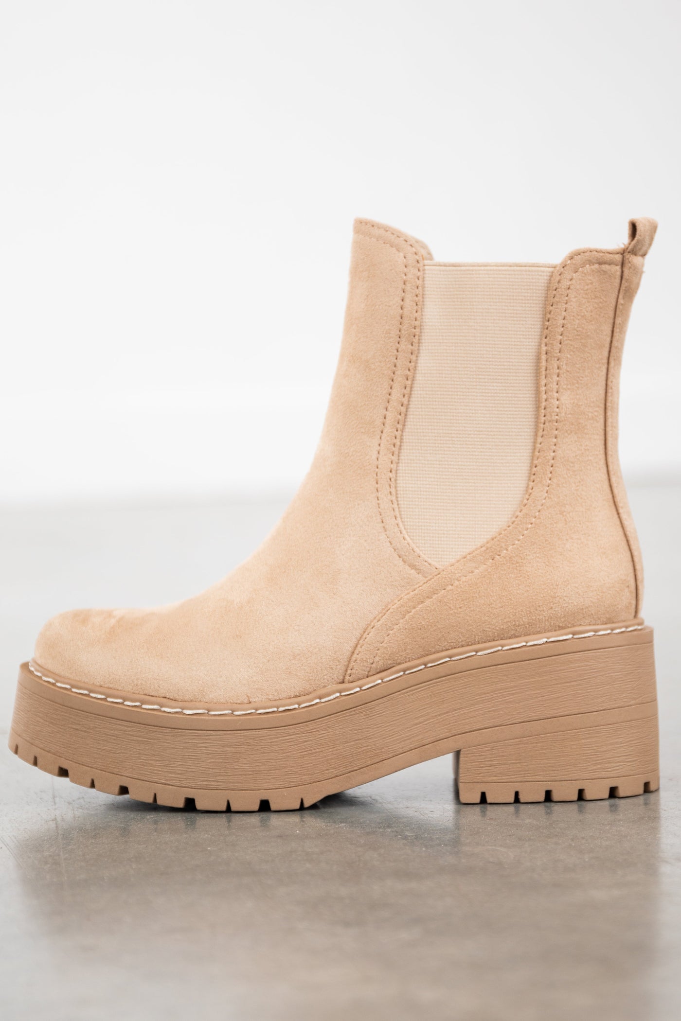 Latte Faux Suede Elastic Platform Lug Booties