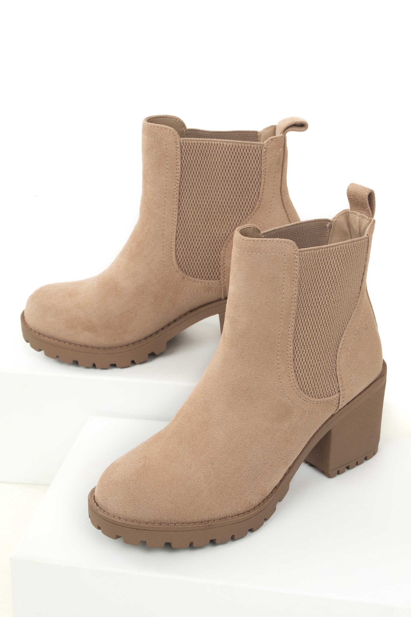 Latte Faux Suede Heeled Ankle Lug Boots