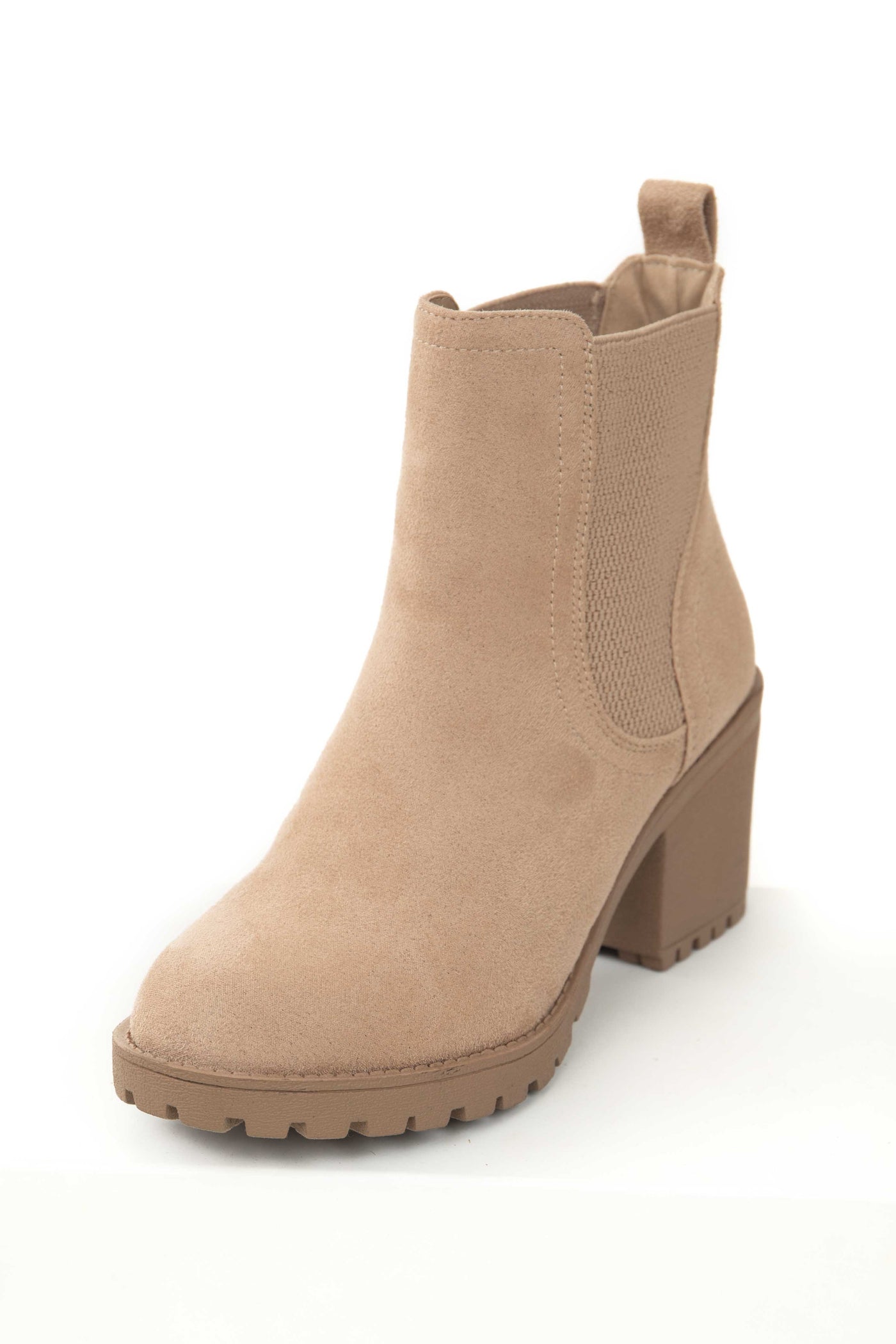 Latte Faux Suede Heeled Ankle Lug Boots