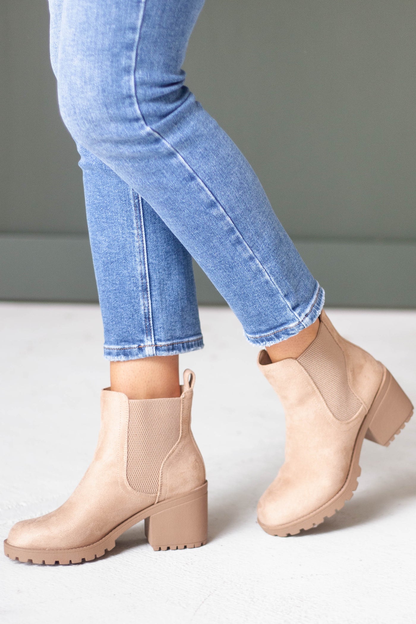 Latte Faux Suede Heeled Ankle Lug Boots