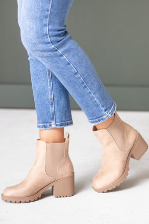 Latte Faux Suede Heeled Ankle Lug Boots