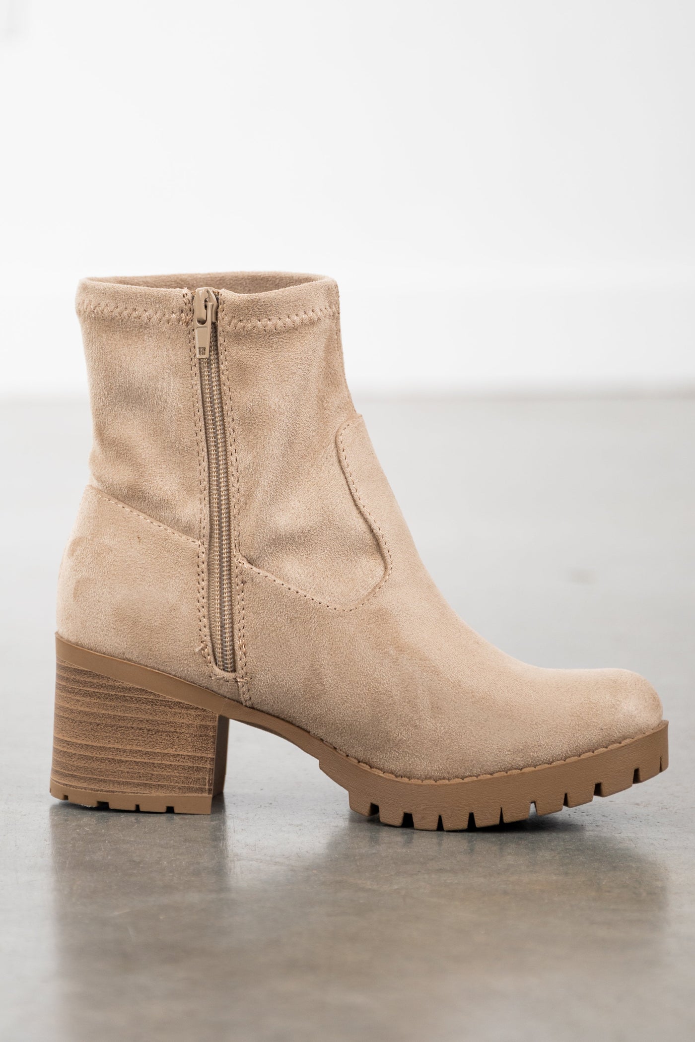 Latte Faux Suede Lug Sole Heeled Ankle Boots