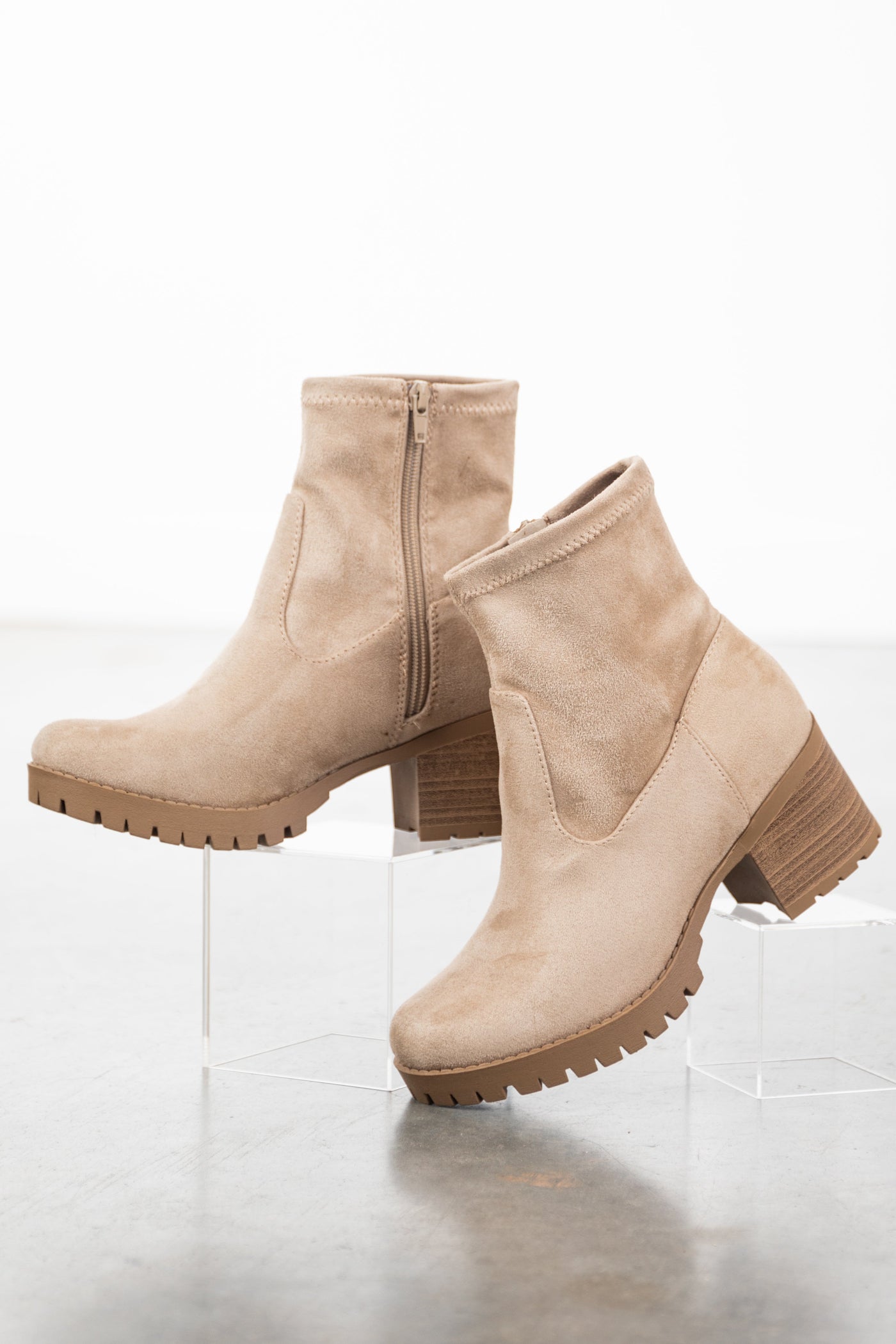 Latte Faux Suede Lug Sole Heeled Ankle Boots