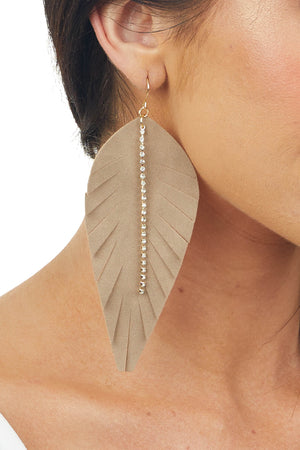 Latte Feather Earring with Rhinestone Chain