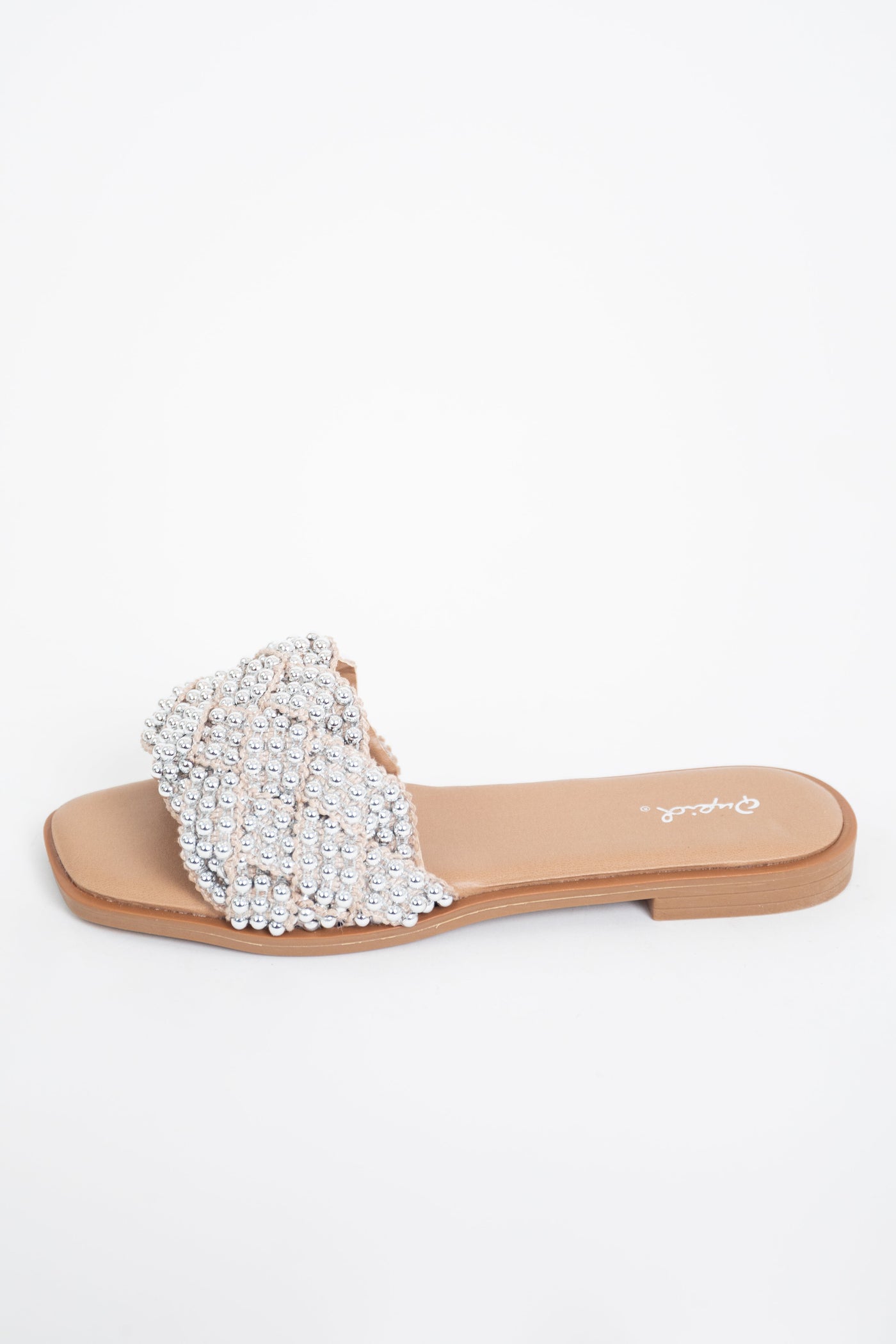 Latte Square Toe Sandals with Silver Beaded Strap