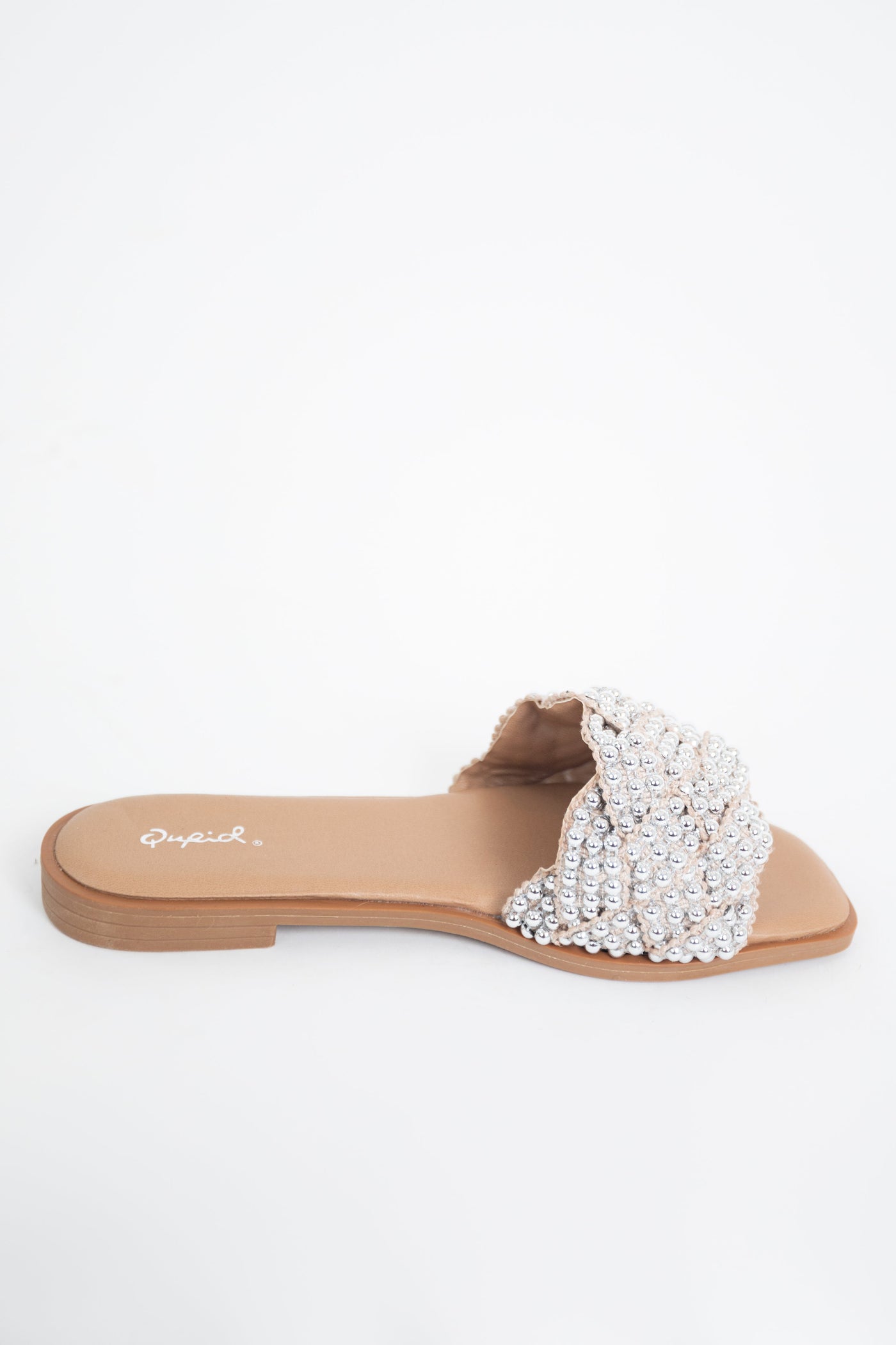 Latte Square Toe Sandals with Silver Beaded Strap