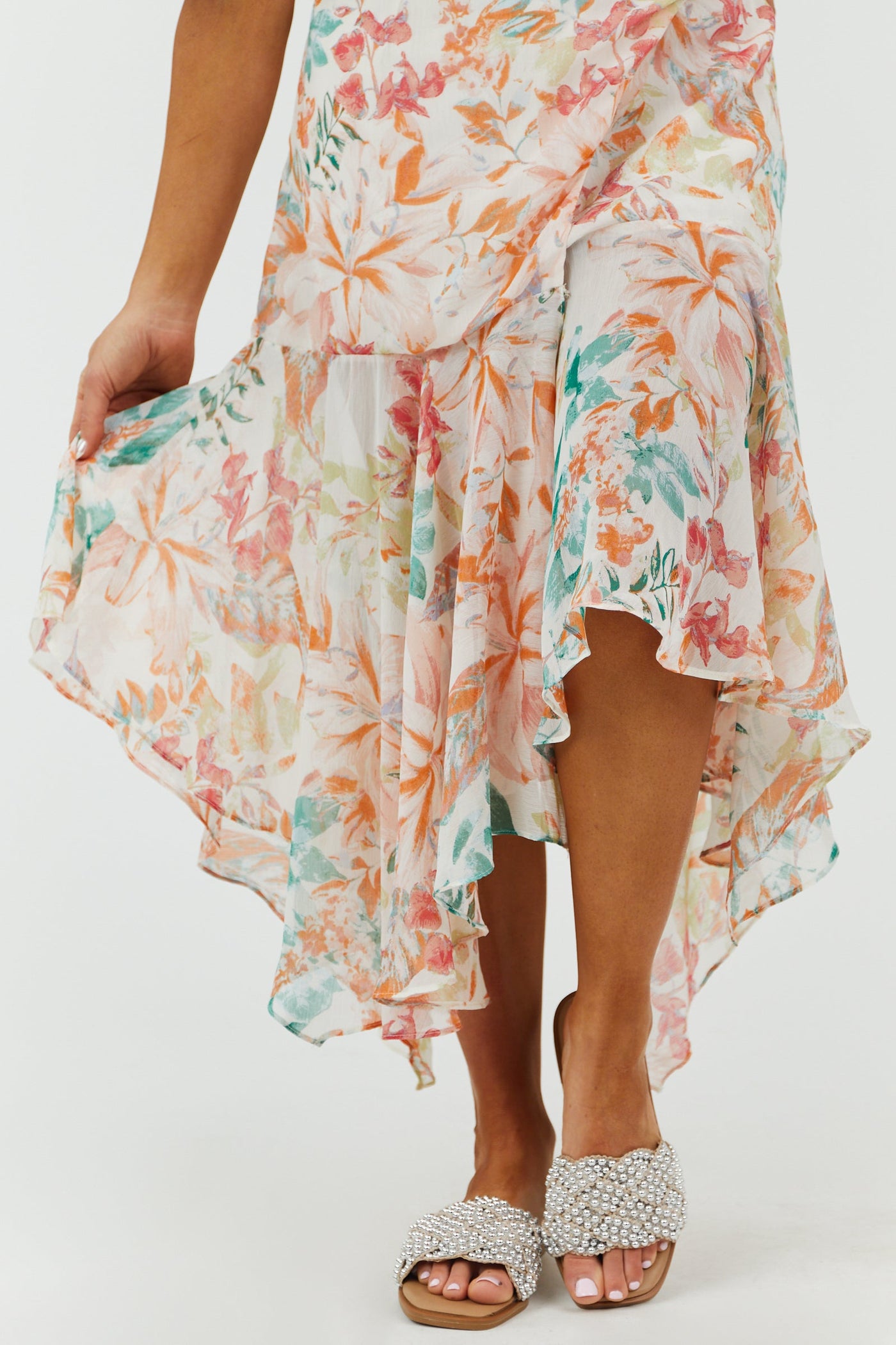 Latte Square Toe Sandals with Silver Beaded Strap